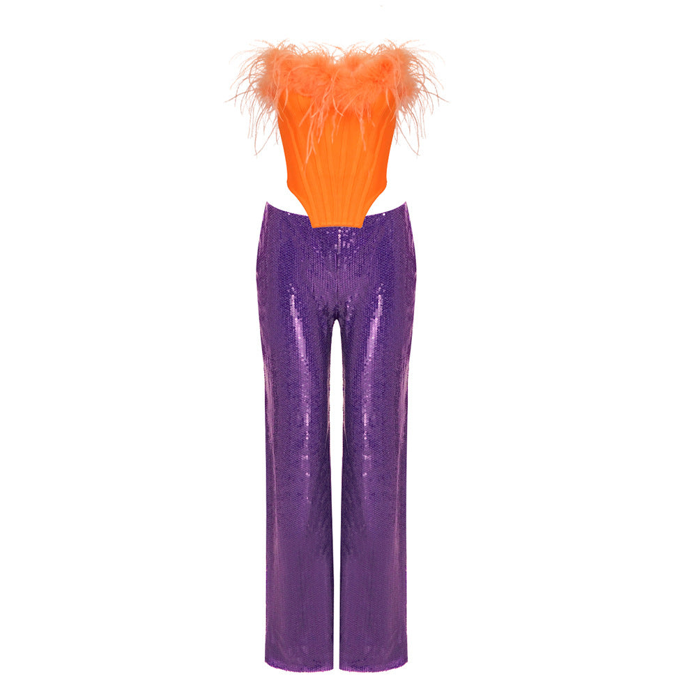 Damen elegantes Glitter-Cocktail-Outfit mit Federbesatz und weit geschnittenen Hosen R&B