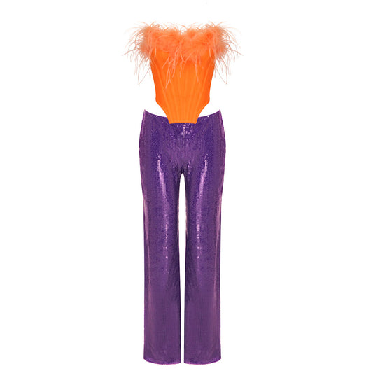 Damen elegantes Glitter-Cocktail-Outfit mit Federbesatz und weit geschnittenen Hosen R&B