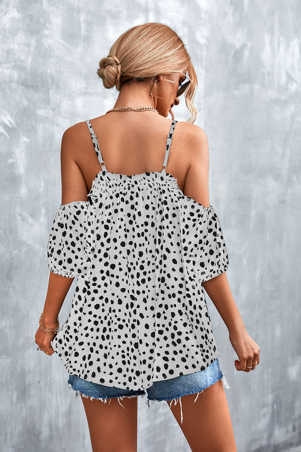 Damen Off-Shoulder Bluse mit verspieltem Punktemuster und luftigen Puffärmeln R&B