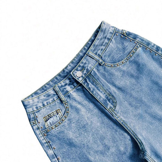 Damen Weite Denim-Jeans mit ausgefallenem Schnitt und dekorativen Knopfdetails R&B