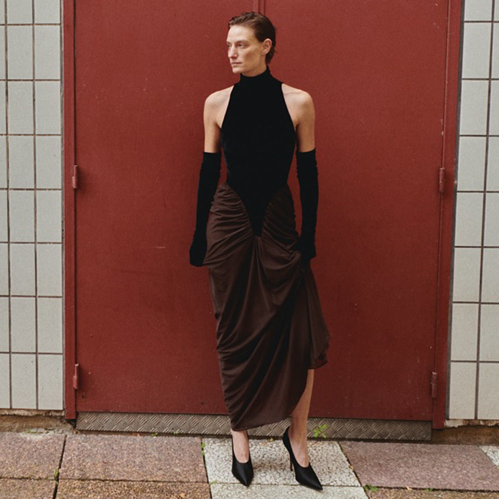 Damen Maxikleid mit hochgeschlossenem Design und kunstvollem Drapierungseffekt R&B