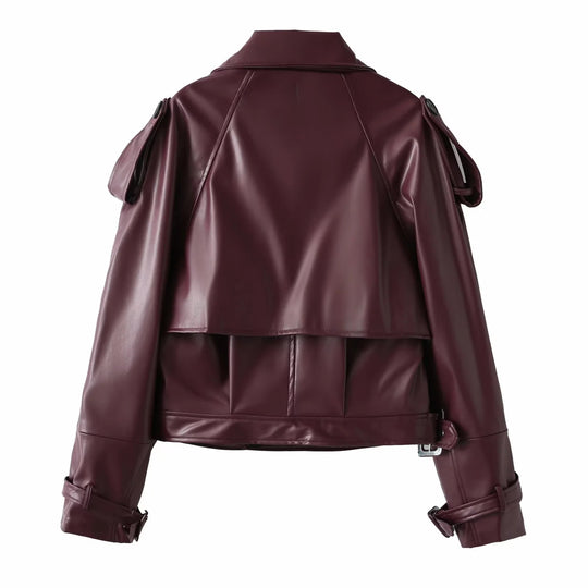 Damen coole cropped Kunstlederjacke mit asymmetrischem Kragen und modischem Design R&B
