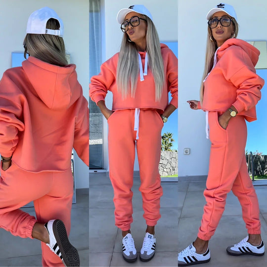 Damen modernes Hoodie-Jogginganzug-Set mit elastischem Bund und Kontrastdetails R&B
