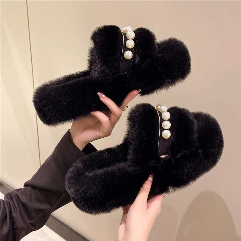 Damen Flauschige Hausschuhe mit eleganten Perlenakzenten R&B