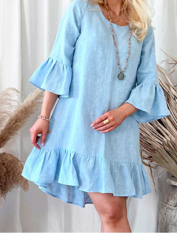 Damen Leichtes Leinenkleid mit Rüschendetails und weitem Schnitt R&B