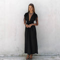 Damen elegante Maxi-Kleid mit raffiniertem Wickeldesign und tiefem V-Ausschnitt R&B