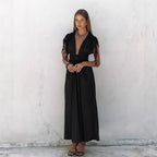 Damen elegante Maxi-Kleid mit raffiniertem Wickeldesign und tiefem V-Ausschnitt R&B