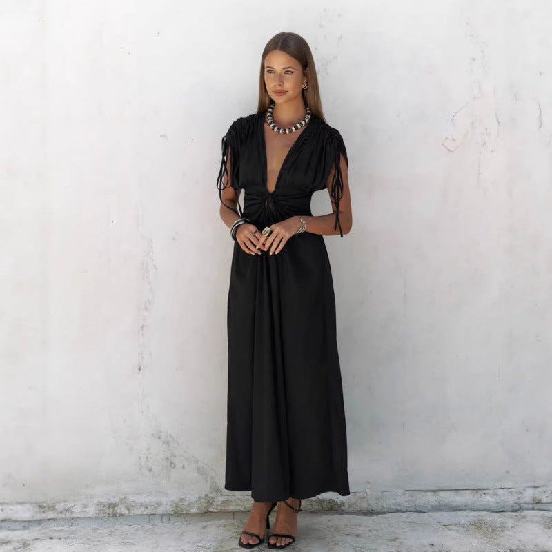 Damen elegante Maxi-Kleid mit raffiniertem Wickeldesign und tiefem V-Ausschnitt R&B