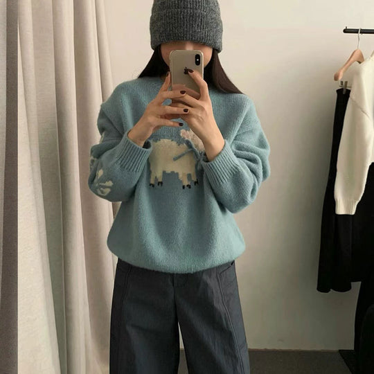 Damen kuscheliger Strickpullover mit aufwendigem Tiermotiv R&B