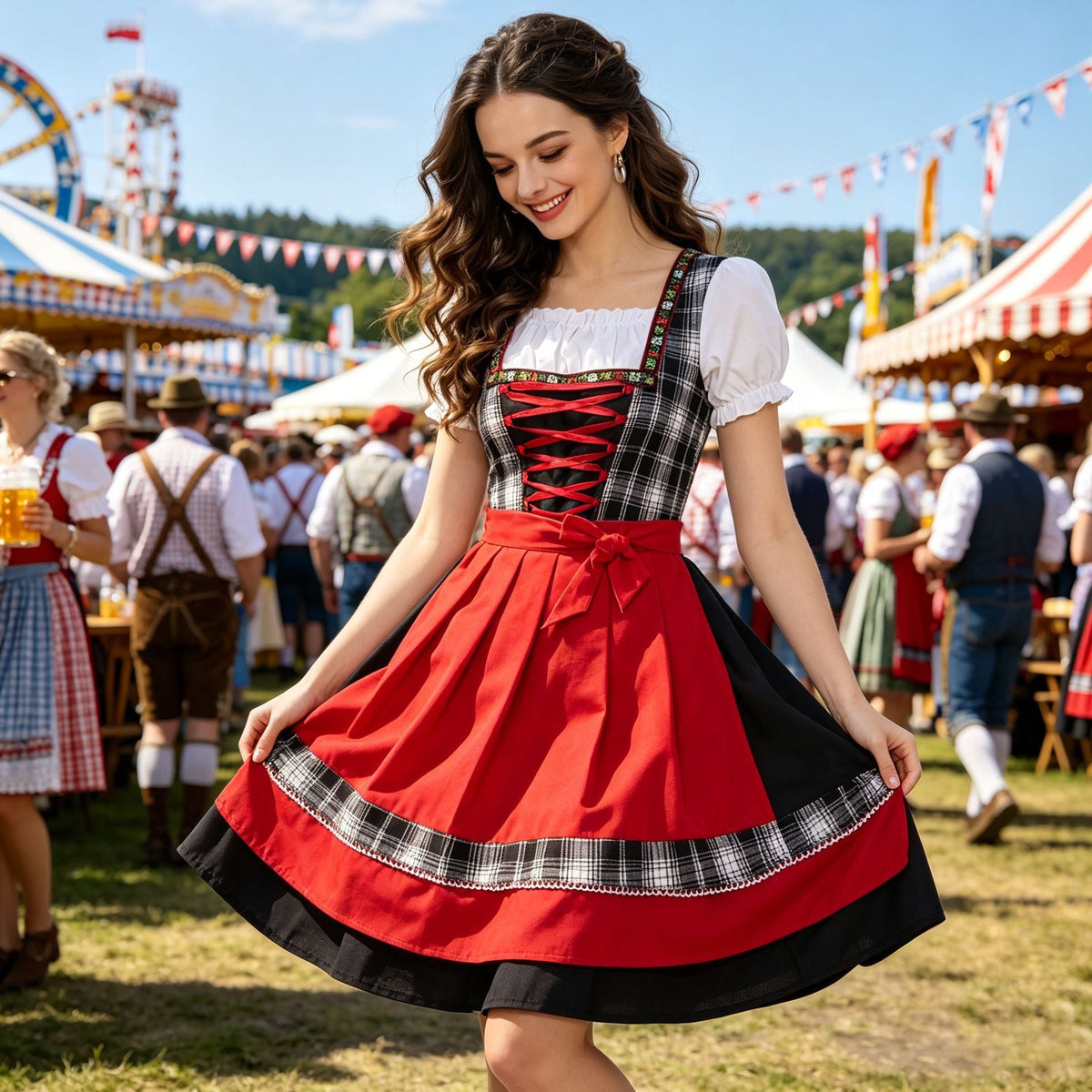 Damen nan traditionelles Trachten-Dirndl mit Schnürleiste, A-Linie Rock und Schleifen-Schürze R&B