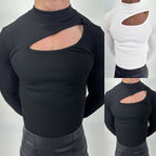 Damen nan eng anliegendes Langarm-Oberteil aus feinem Rippjersey mit asymmetrischem Schulter-Ausschnitt und hohem Kragen R&B