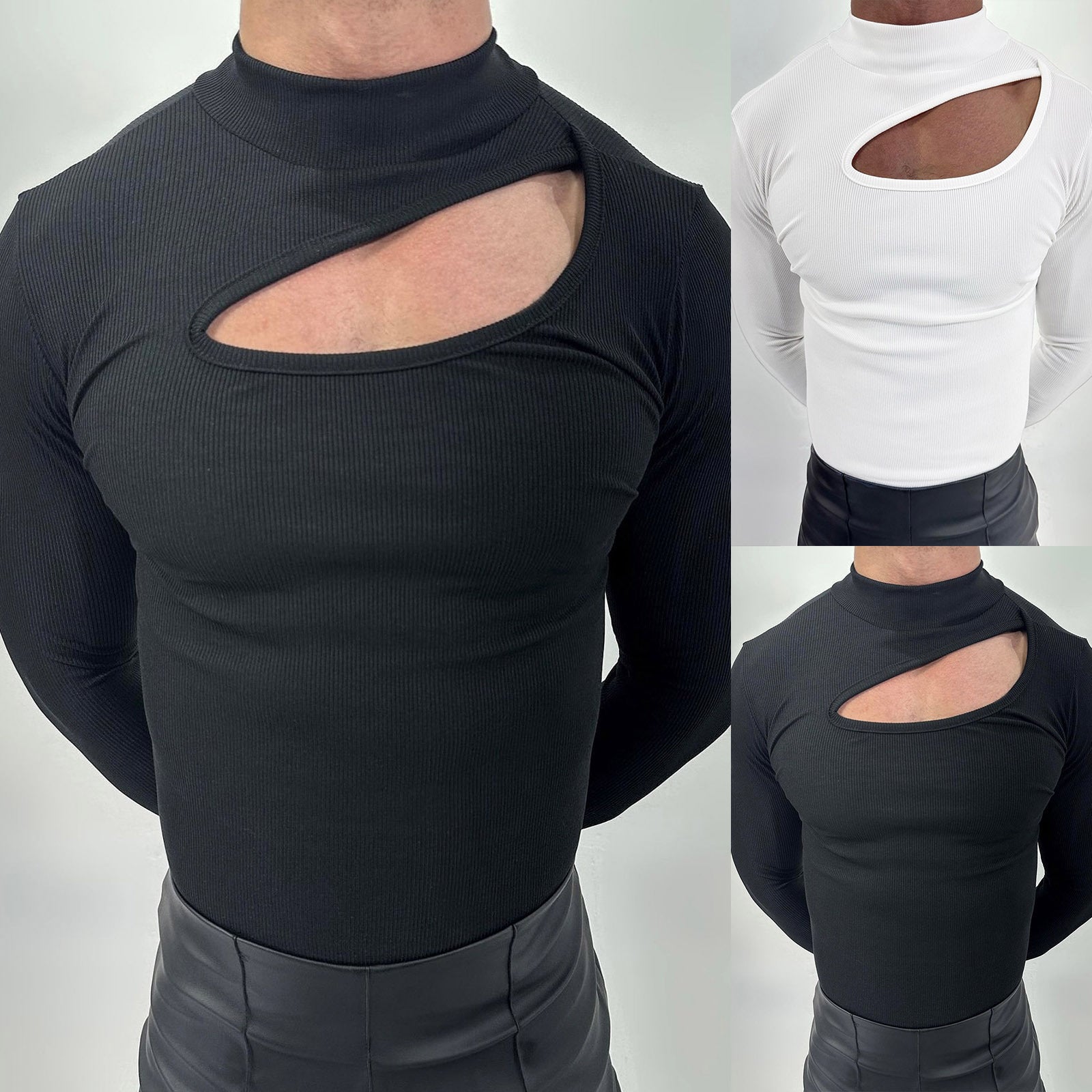 Damen nan eng anliegendes Langarm-Oberteil aus feinem Rippjersey mit asymmetrischem Schulter-Ausschnitt und hohem Kragen R&B