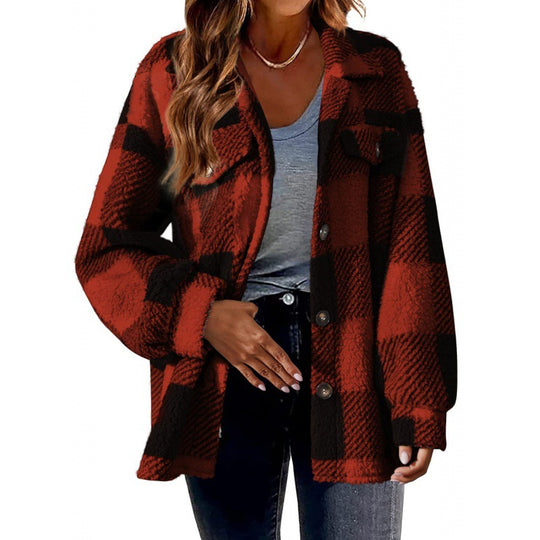Damen Flauschige Karojacke mit Druckknopfverschluss und praktischen Taschen R&B