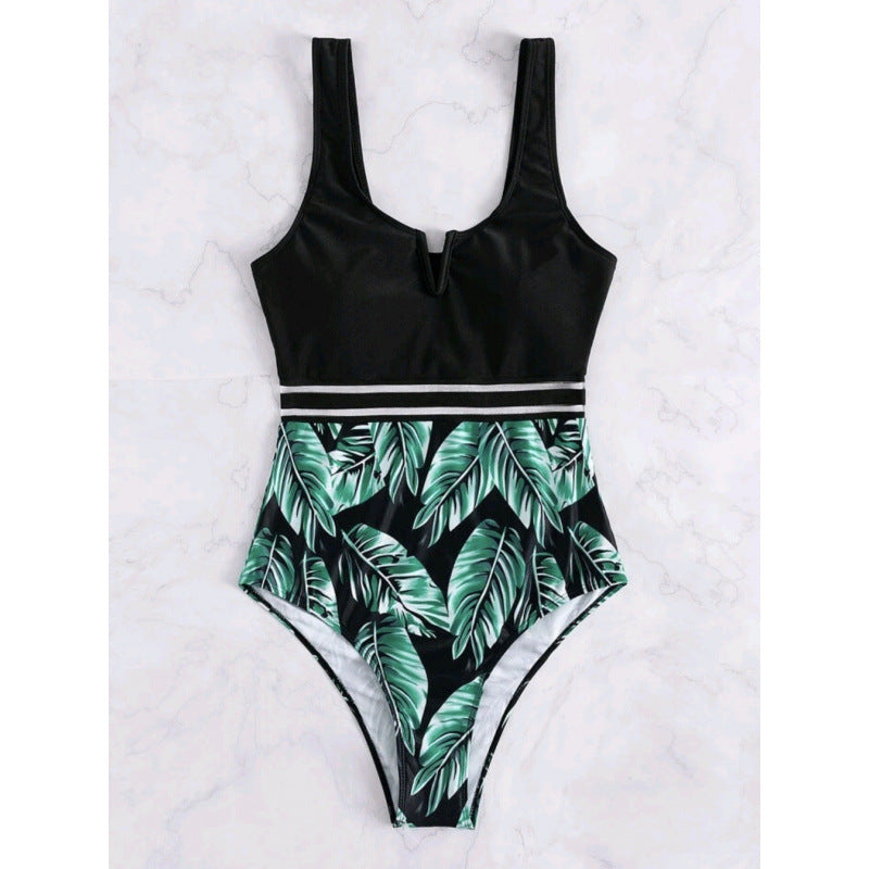 Damen Hochtaillierter Badeanzug mit V-Ausschnitt und Mesh-Details R&B