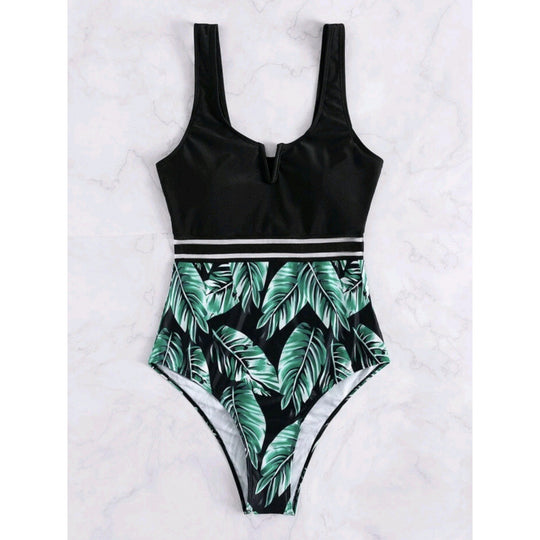 Damen Hochtaillierter Badeanzug mit V-Ausschnitt und Mesh-Details R&B