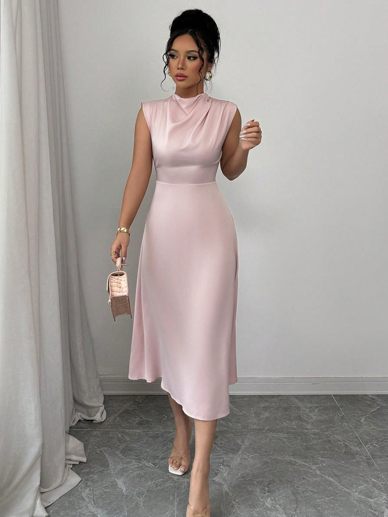 Damen elegantes ärmelloses Midi-Kleid mit drapiertem Ausschnitt R&B