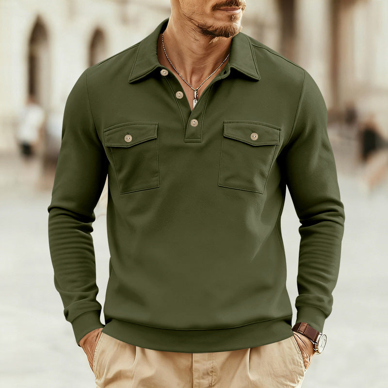 Herren nan figurbetontes Langarm-Poloshirt mit Hemdkragen und aufgesetzten Brustklappen R&B