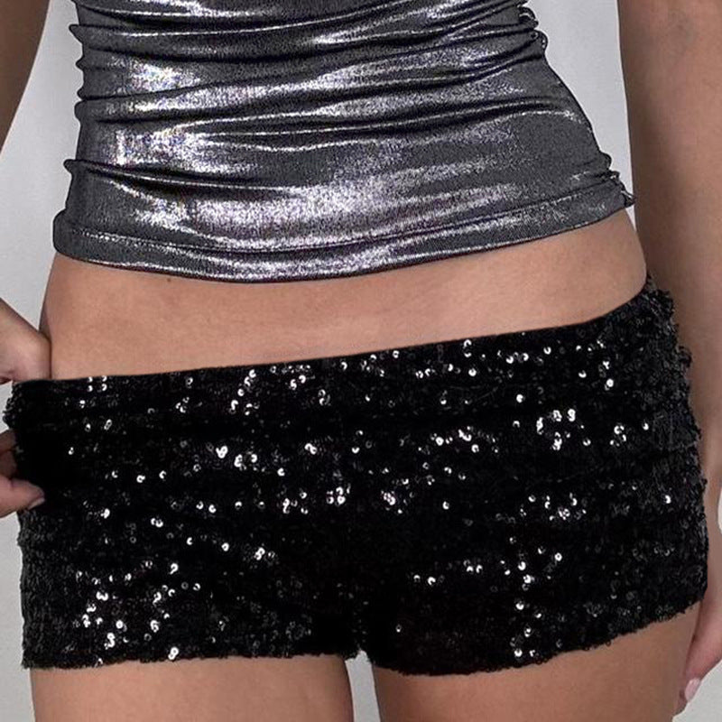 Damen figurbetonte Kunstleder-Shorts mit dekorativen Nieten und seitlichen Taschen R&B