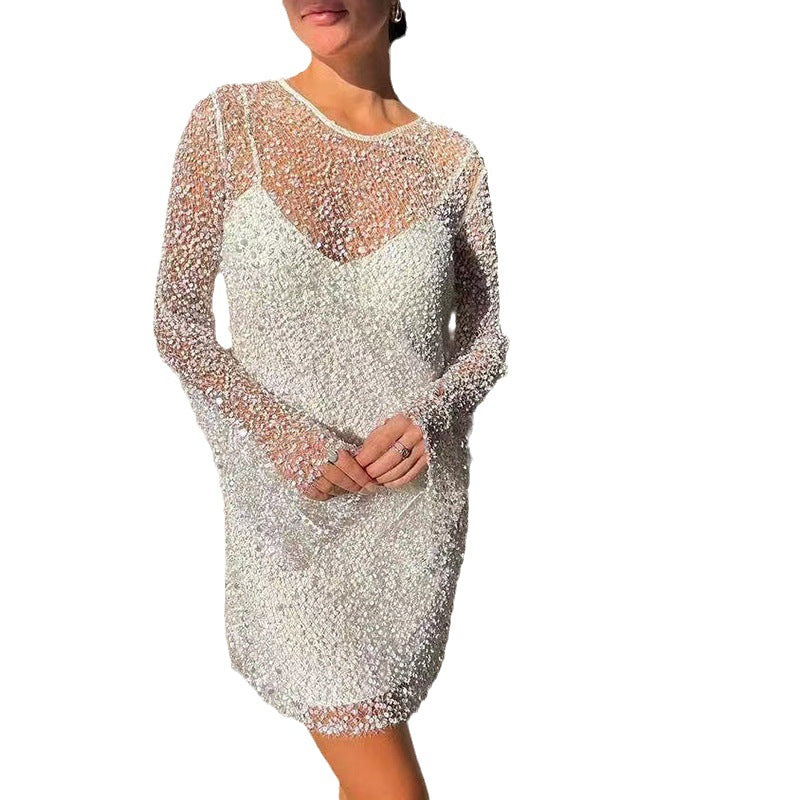 Damen Glitzerndes Cocktailkleid mit schimmernden Pailletten und langen Ärmeln R&B