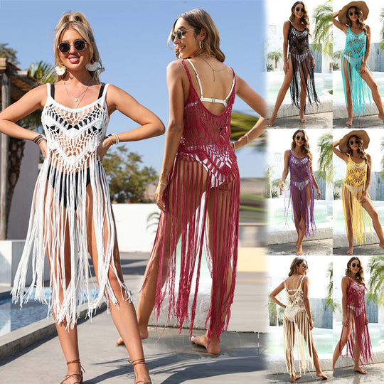 Damen Häkel-Strandüberwurf mit fransenverziertem Design R&B