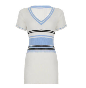 Damen figurbetontes Strickkleid mit V-Ausschnitt und grafischen Streifen R&B