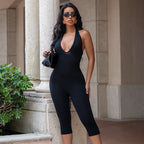 Damen figurbetonter Jersey-Jumpsuit mit tiefem V-Ausschnitt und 3/4-Ärmeln R&B