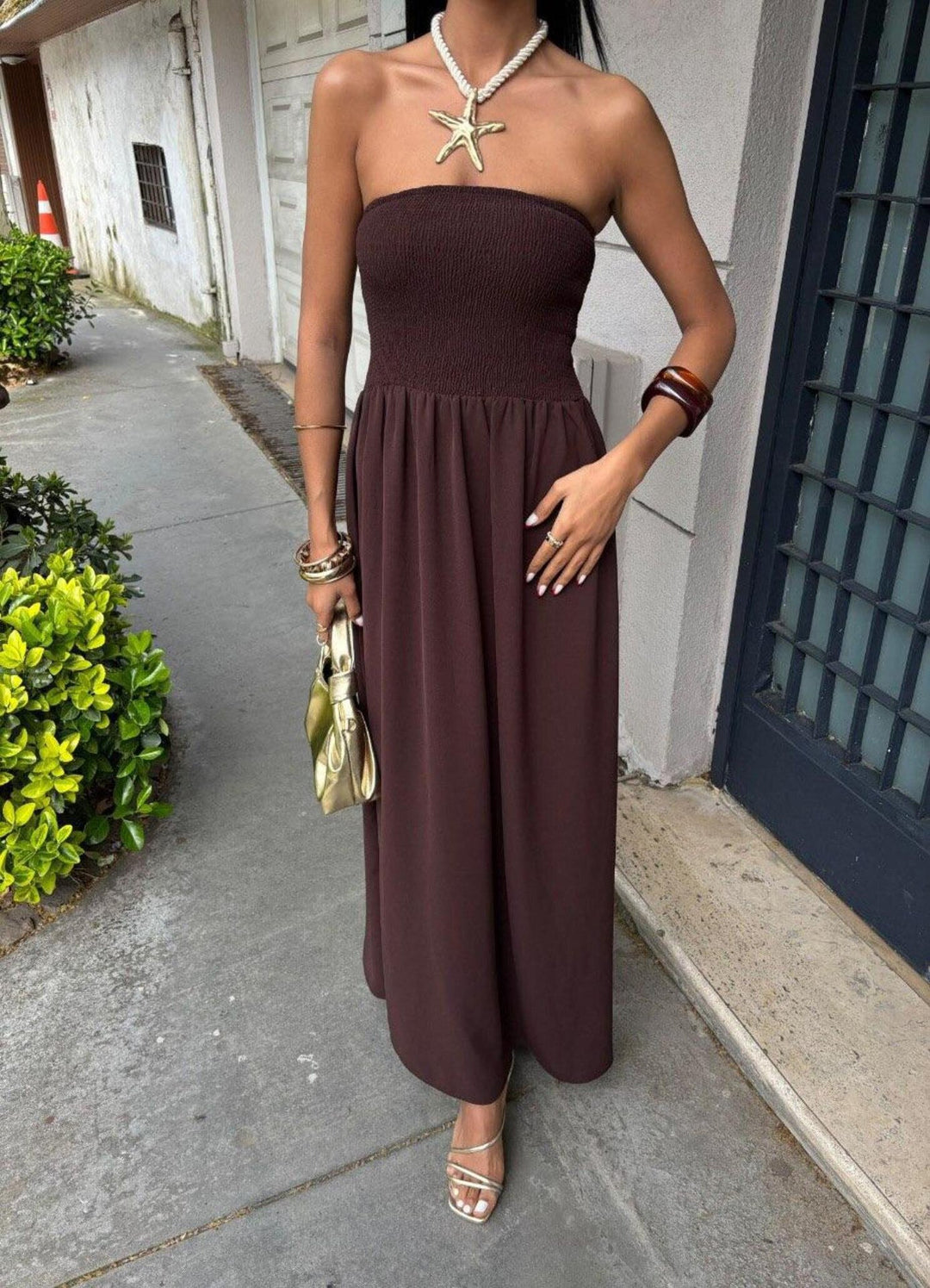 Damen elegantes Maxikleid mit schulterfreiem Design und elastischem Tailleneinsatz R&B