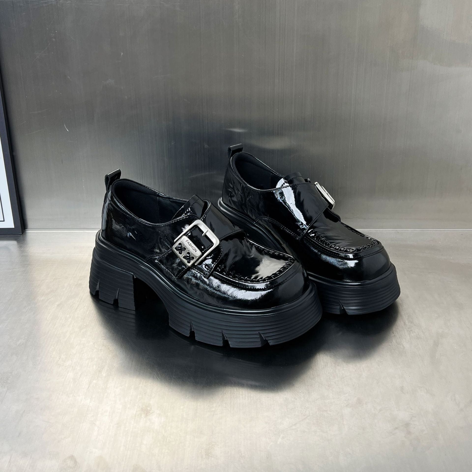 Damen elegante Schnürschuhe mit klobiger Sohle und modischen Schnallen R&B