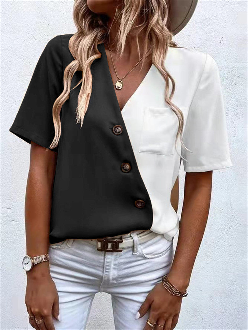 Damen Modisches Hemdblusenshirt mit asymmetrischen Farben und Knopfdetails R&B