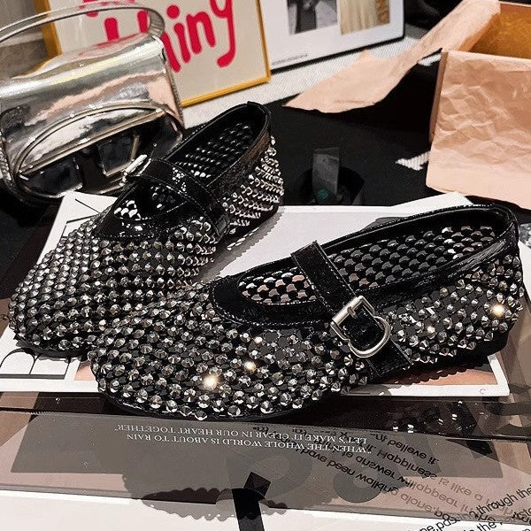Damen Ballerinas mit elegantem Strassbesatz und verstellbarem Riemchen R&B