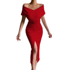 Damen figurbetontes Midi-Kleid mit Off-Shoulder-Ausschnitt und seitlichem Schlitz R&B