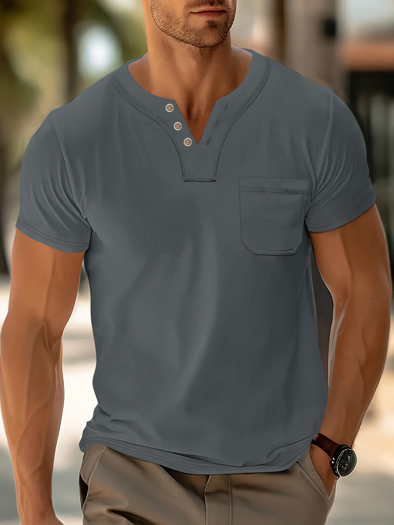 Herren Freizeit T-Shirt mit modernem Henley-Ausschnitt und praktischer Brusttasche R&B