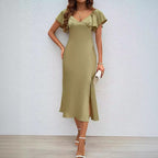 Damen Maxikleid mit eleganten Puffärmeln und seitlichem Schlitz R&B