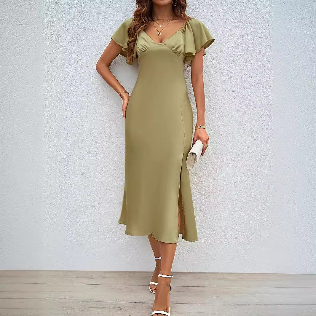 Damen Maxikleid mit eleganten Puffärmeln und seitlichem Schlitz R&B