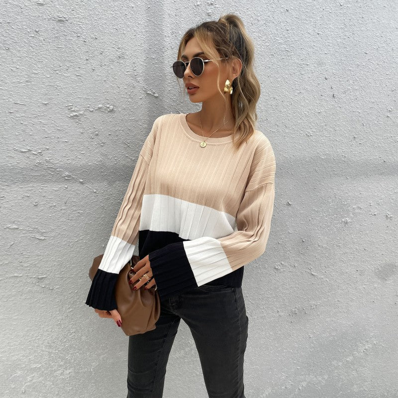 Damen Strickpullover mit modischem Blockstreifen-Design und weiten Ärmeln R&B