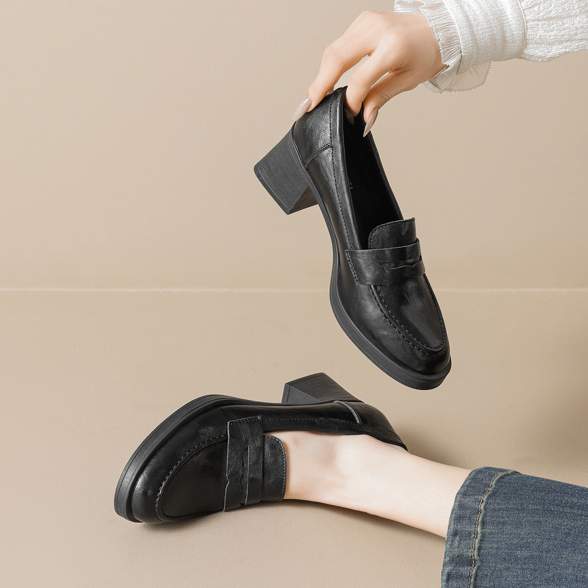 Damen Leder Slip-On-Pumps mit modischem Blockabsatz