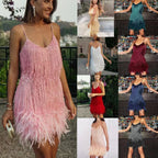 Damen Glitzerndes Mini-Kleid mit Fransendetails und schulterfreiem Design R&B