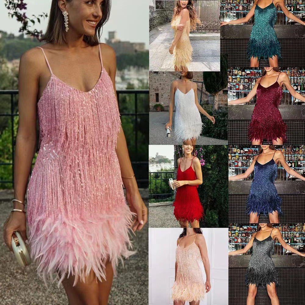 Damen Glitzerndes Mini-Kleid mit Fransendetails und schulterfreiem Design R&B