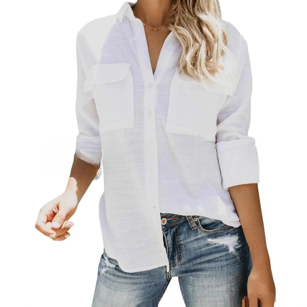 Damen leichte Sommerbluse mit zwei Brusttaschen und aufgerollten Ärmeln R&B