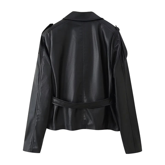 Damen Kunstlederjacke mit eleganten Knopfdetails und Gürteldesign R&B