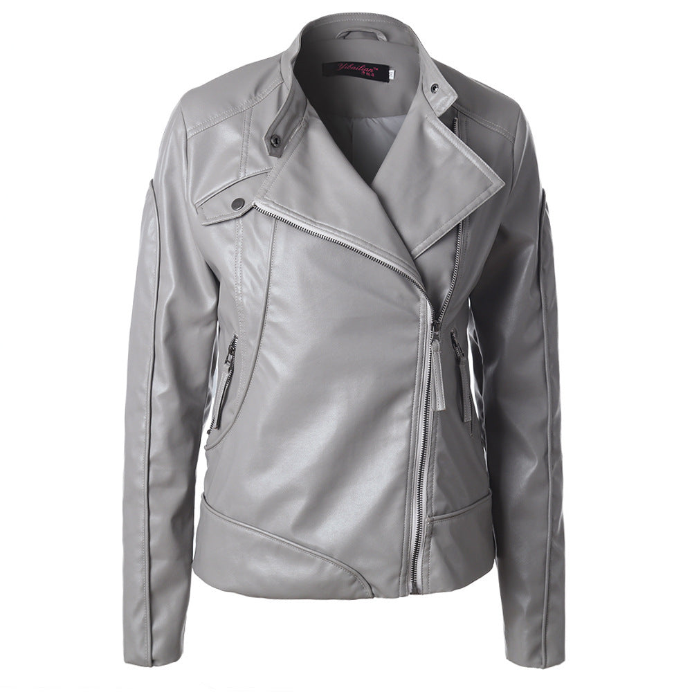 Damen Modische Kunstlederjacke mit asymmetrischem Reißverschluss und Stehkragen R&B
