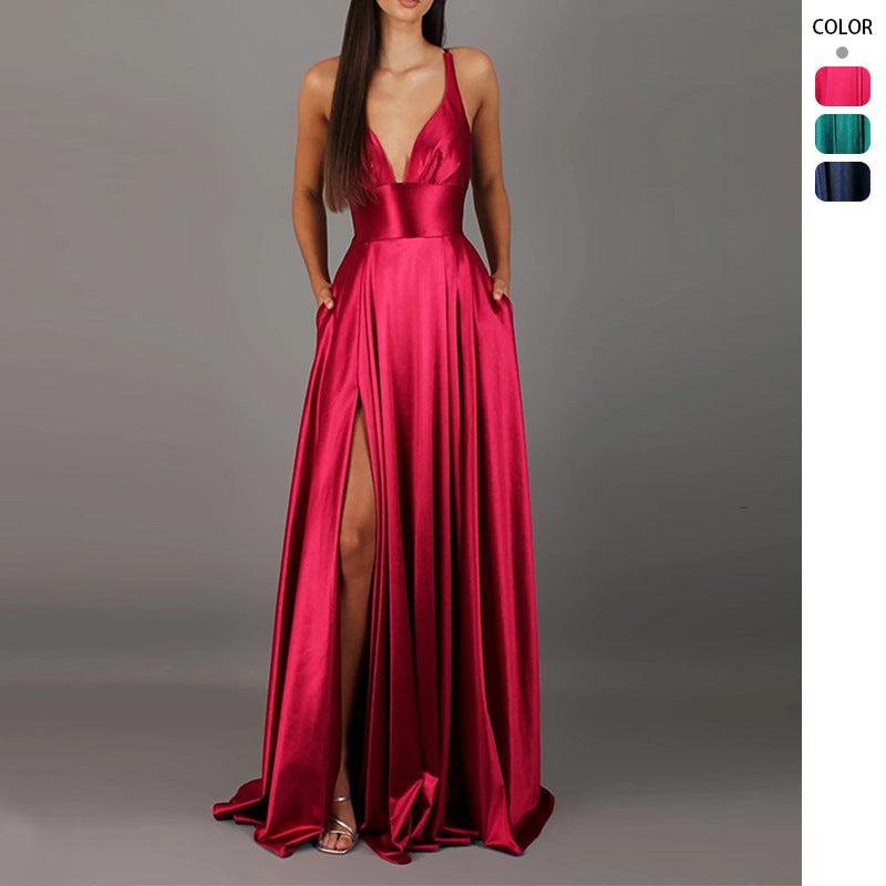 Damen Elegantes Maxikleid mit tiefem V-Ausschnitt und modischem Schlitz R&B