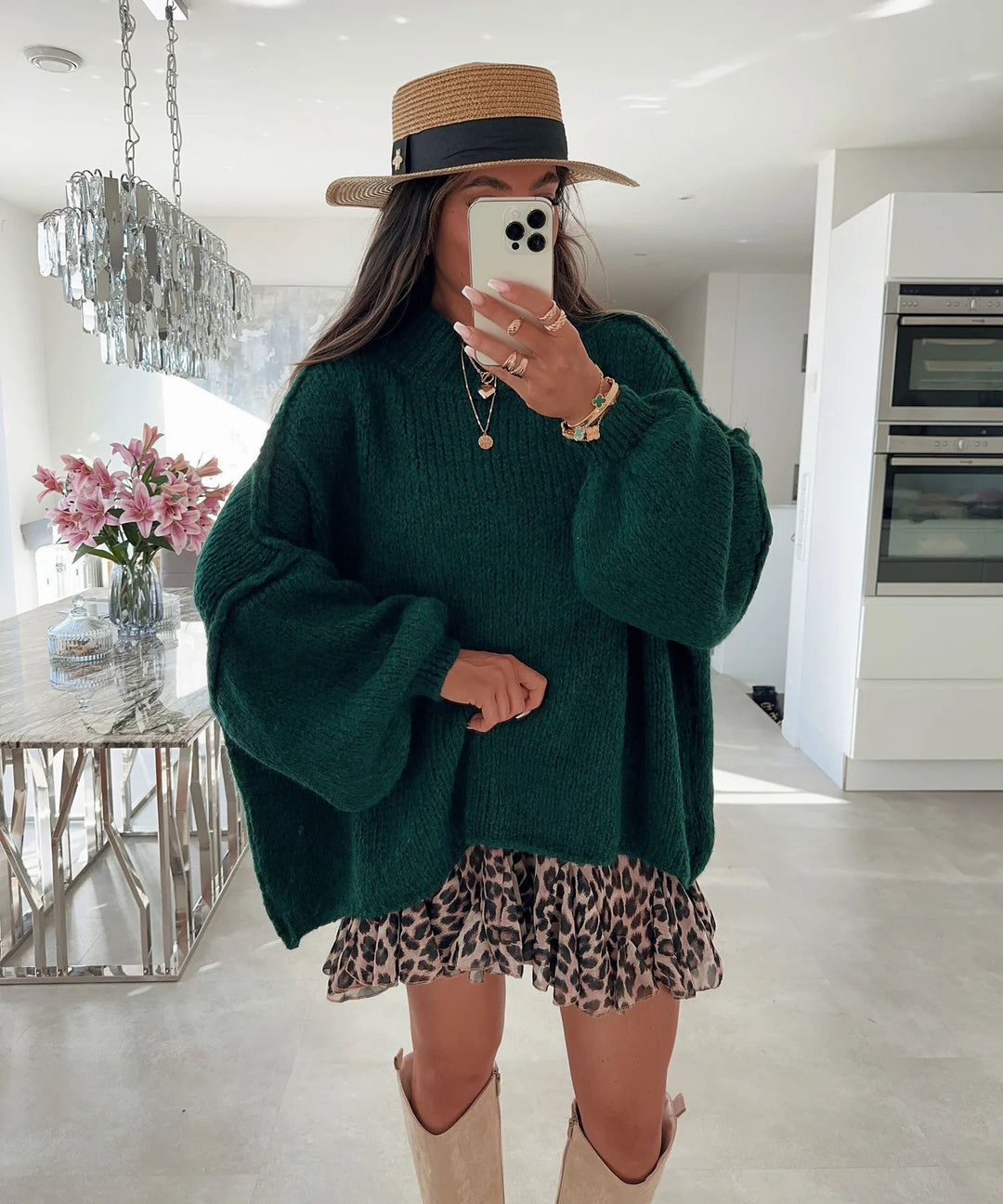Damen lässiger Oversize Pullover mit hohen Ärmeln und unkonventionellem Schnitt R&B