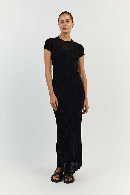 Damen Elegantes Maxikleid mit feiner Rippstruktur und kurzen Ärmeln R&B