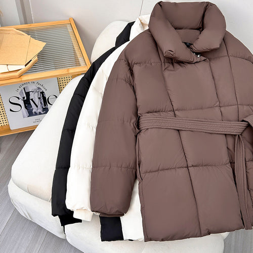 Damen modische wattierte Jacke mit Gürtel und hochschließendem Kragen R&B
