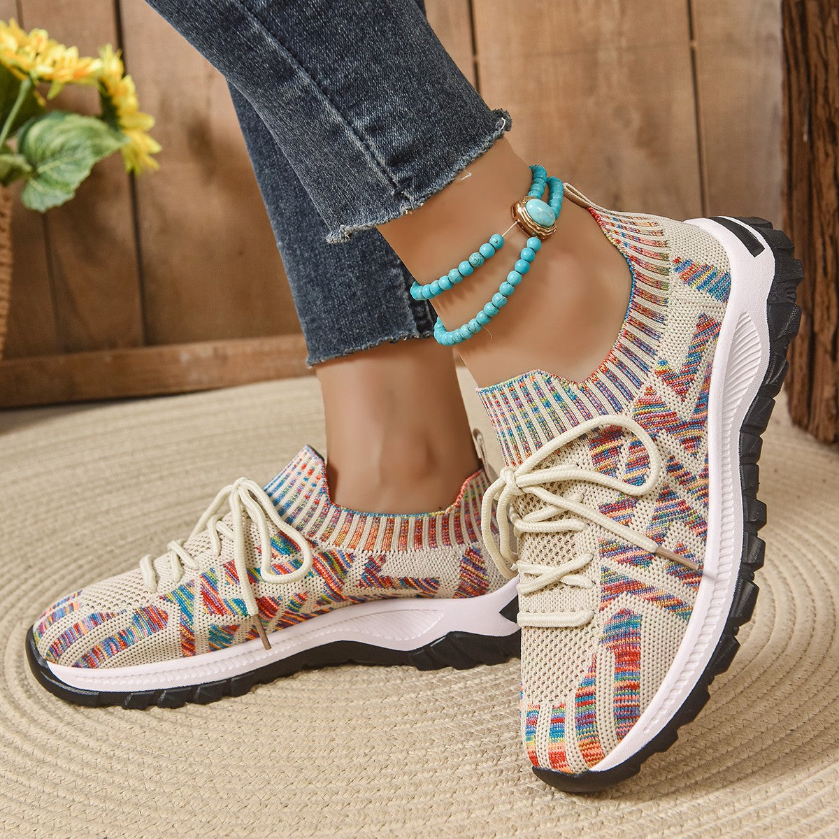 Damen Sportliche Freizeit-Sneaker mit atmungsaktiver Strickoberfläche und rutschfester Sohle R&B