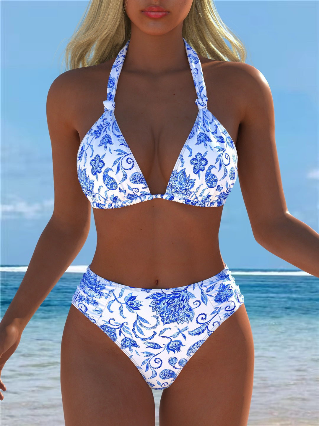 Damen Triangel-Bikini mit hohem Bund und patriotischem Sternen-Muster R&B