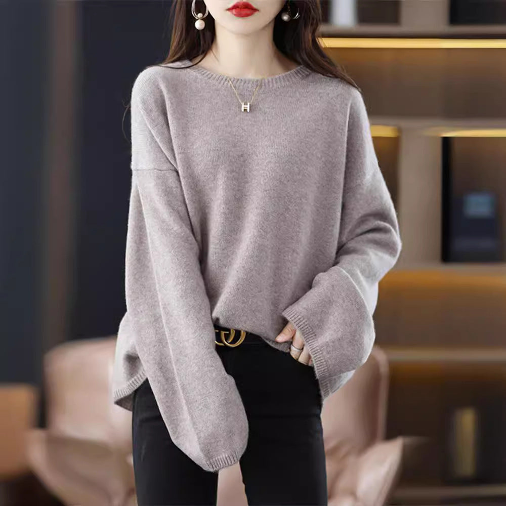 Damen weicher Strickpullover mit weitem Schnitt und legerem V-Ausschnitt R&B