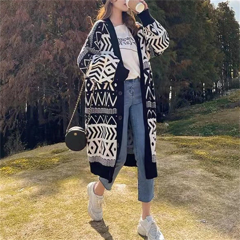 Damen Long Cardigan mit grafischem Design und tiefen Taschen R&B
