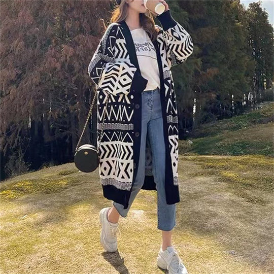 Damen Long Cardigan mit grafischem Design und tiefen Taschen R&B